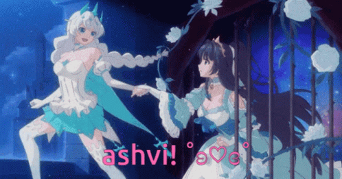 Two Anime Girls Holding Hands With Text Ashvi GIF