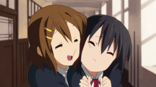 Anime Girls Hugging In Hallway GIF