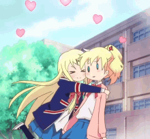Two Anime Girls Hugging Each Other In Front Of A Building With Hearts In The Sky GIF