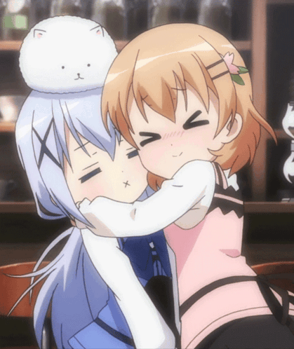 Two Anime Girls Hugging Each Other With A Stuffed Animal On Top Of Their Head GIF
