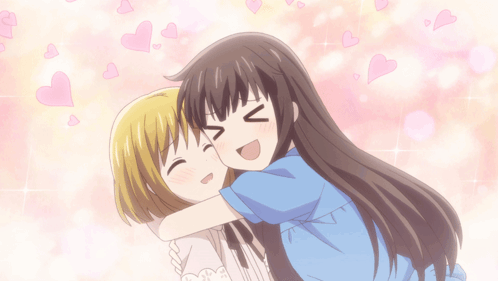Two Anime Girls Hugging Each Other With Hearts Flying In The Background GIF