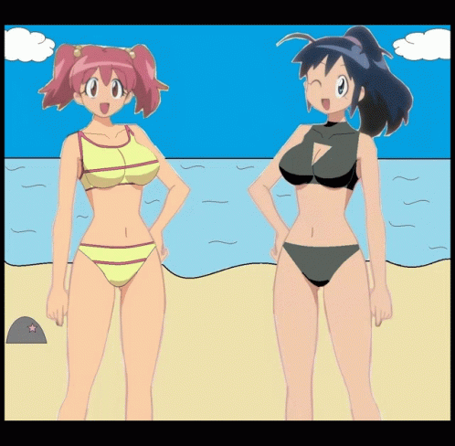 two anime girls in bikinis stand on a beach