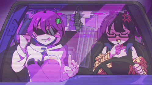 Two Anime Girls in Car With I'm Sorry Sticker