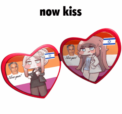 Two Anime Girls in Heart Frames Saying Now Kiss