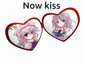 Two Anime Girls in Heart Frames Saying Now Kiss
