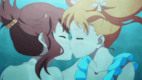 Two Anime Girls Kissing In The Water With A Flower In Their Hair GIF