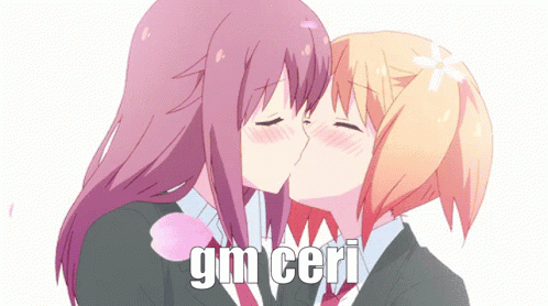 Two Anime Girls Kissing With The Words Gm Ceri In The Corner GIF