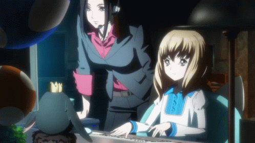 Two Anime Girls Looking At A Keyboard With A Stuffed Animal In The Background GIF