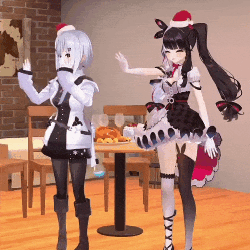 Two Anime Girls Next To Table With Turkey GIF