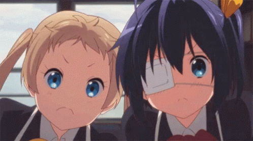 Two Anime Girls One Bandaged Eye Looking Camera GIF