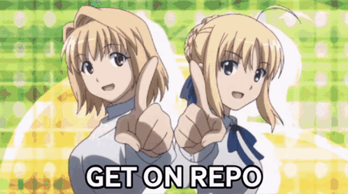 Two Anime Girls Pointing At The Viewer With The Words Get On Repo In The Upper Right Corner GIF