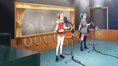 Two Anime Girls Singing Into Microphones With Green Exit Sign