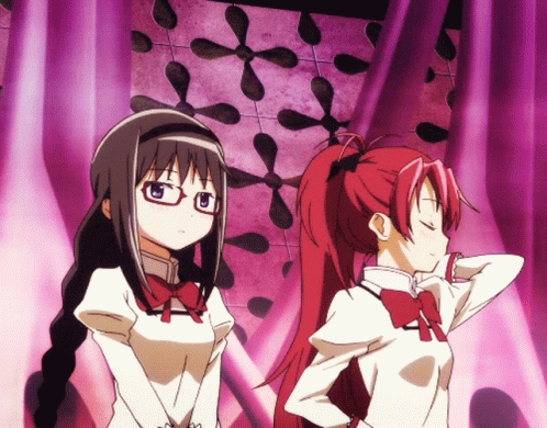 Two Anime Girls Standing Beside Pink Curtain