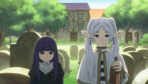 Two Anime Girls Standing in Cemetery
