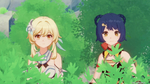 Two Anime Girls Standing Next To Each Other In The Woods GIF