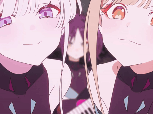 Two Anime Girls Standing Next to Each Other One With Purple Eyes