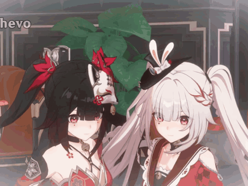 Two Anime Girls Standing Next to Each Other With Hevo