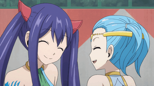 Two Anime Girls With Blue Hair Are Standing Next To Each Other Smiling GIF