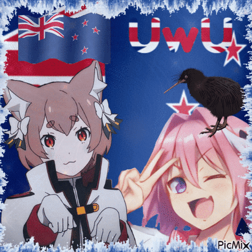 Two Anime Girls With Kiwi on Head and UWU
