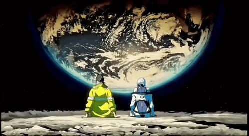 Two Astronauts Are Looking At The Earth From The Moon GIF