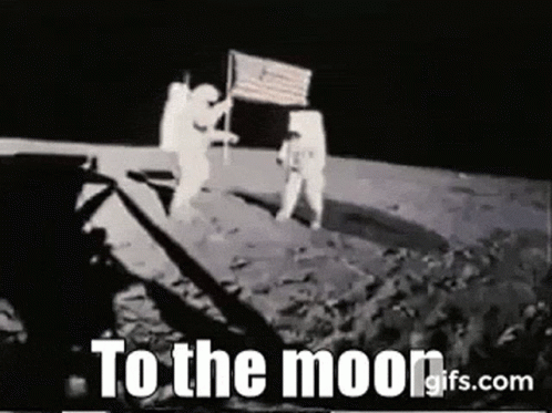 Two Astronauts Are Standing On The Moon Holding A Flag . GIF