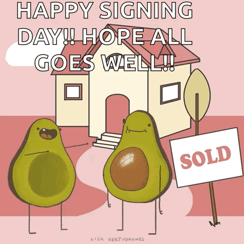 Two Avocados Are Standing In Front Of A House And A Sold Sign GIF