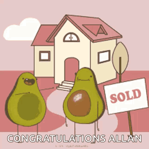 Two Avocados Standing In Front Of A House With A Sold Sign In Front Of Them GIF