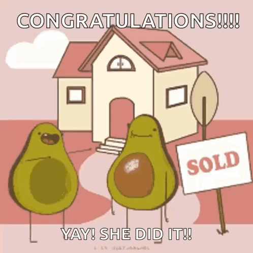 Two Avocados Standing In Front Of A House With A Sold Sign In Front Of Them GIF