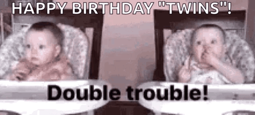 Two Babies Are Sitting In High Chairs With Their Mouths Covered . GIF