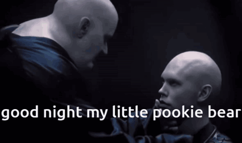 Two Bald Men Are Standing Next To Each Other With The Words " Good Night My Little Pookie Bear " Below Them GIF