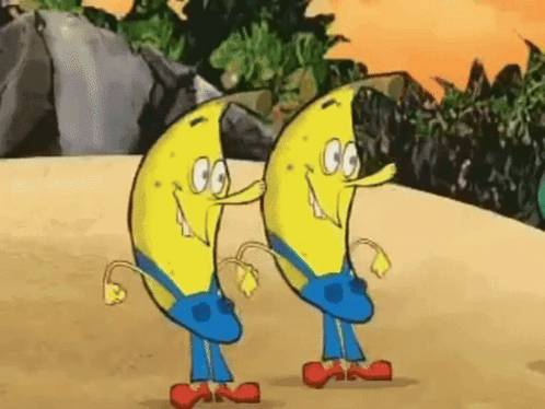 two bananas in blue overalls and red shoes are standing next to each other