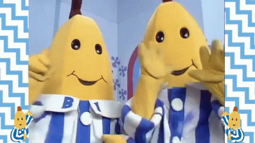 Two Bananas In Pajamas With The Letter B On Their Shirts GIF