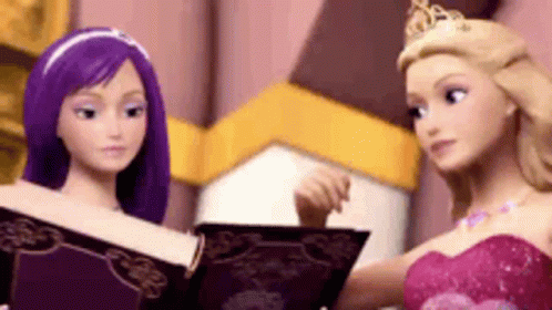 Two Barbie Dolls Are Sitting Next To Each Other In A Room Reading Books . GIF