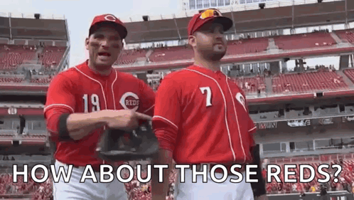 Two Baseball Players In Red Uniforms Are Standing Next To Each Other In A Stadium . GIF