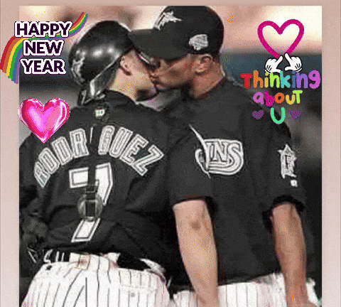 Two Baseball Players Kissing With The Words Happy New Year Thinking About U. GIF