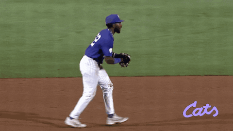 Two Baseball Players On A Field With The Word Cats In The Background GIF