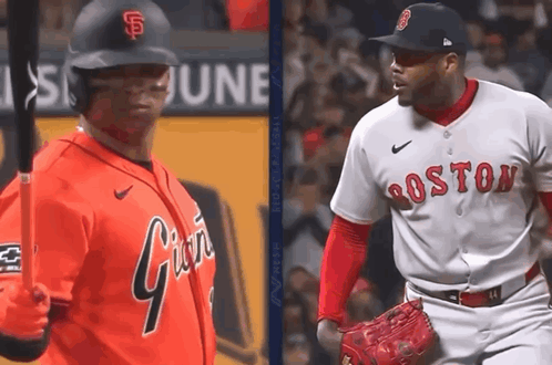 Two Baseball Players One From The Giants And One From The Red Sox GIF