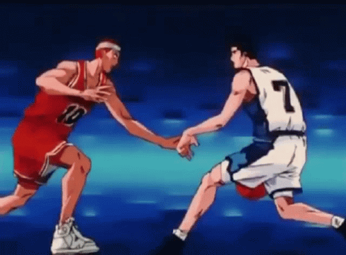 Two Basketball Players Are Holding Hands While Playing Basketball And One Has The Number 7 On His Jersey . GIF