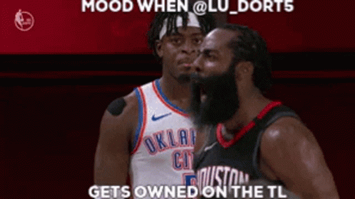 Two Basketball Players Are Standing Next To Each Other And One Is Wearing A Oklahoma City Jersey GIF