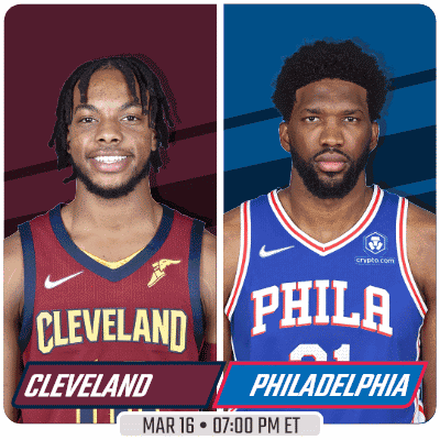 Two Basketball Players From Cleveland And Philadelphia Are On A Poster GIF