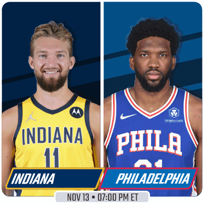 Two Basketball Players From Indiana And Philadelphia On A Blue Background GIF