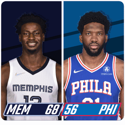 Two Basketball Players From Memphis And Philadelphia Are Shown GIF