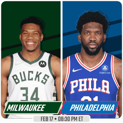 Two Basketball Players From Milwaukee And Philadelphia Are Standing Next To Each Other GIF