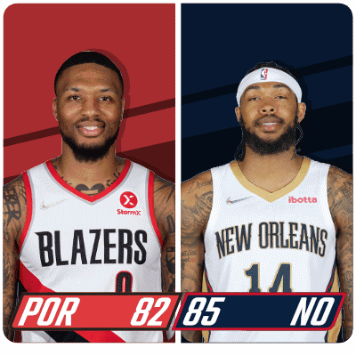 Two Basketball Players From The Blazers And New Orleans Are Standing Next To Each Other GIF