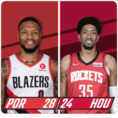 two basketball players from the blazers and the rockets are standing next to each other