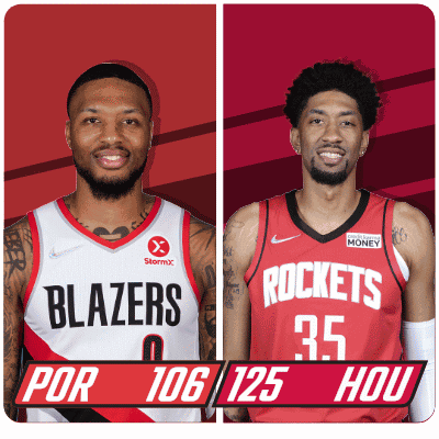 Two Basketball Players From The Blazers And The Rockets Are Standing Next To Each Other GIF
