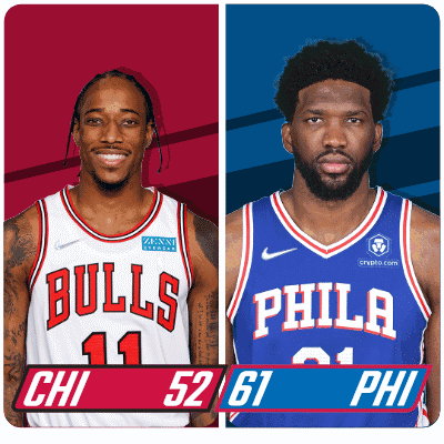 Two Basketball Players From The Bulls And Philadelphia Are Standing Next To Each Other GIF