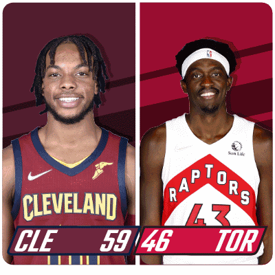 Two Basketball Players From The Cleveland And Raptors Teams GIF