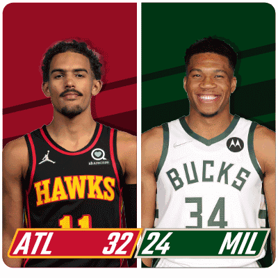 Two Basketball Players From The Hawks And The Bucks Are Standing Next To Each Other GIF