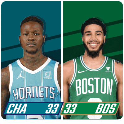 two basketball players from the hornets and boston are standing next to each other